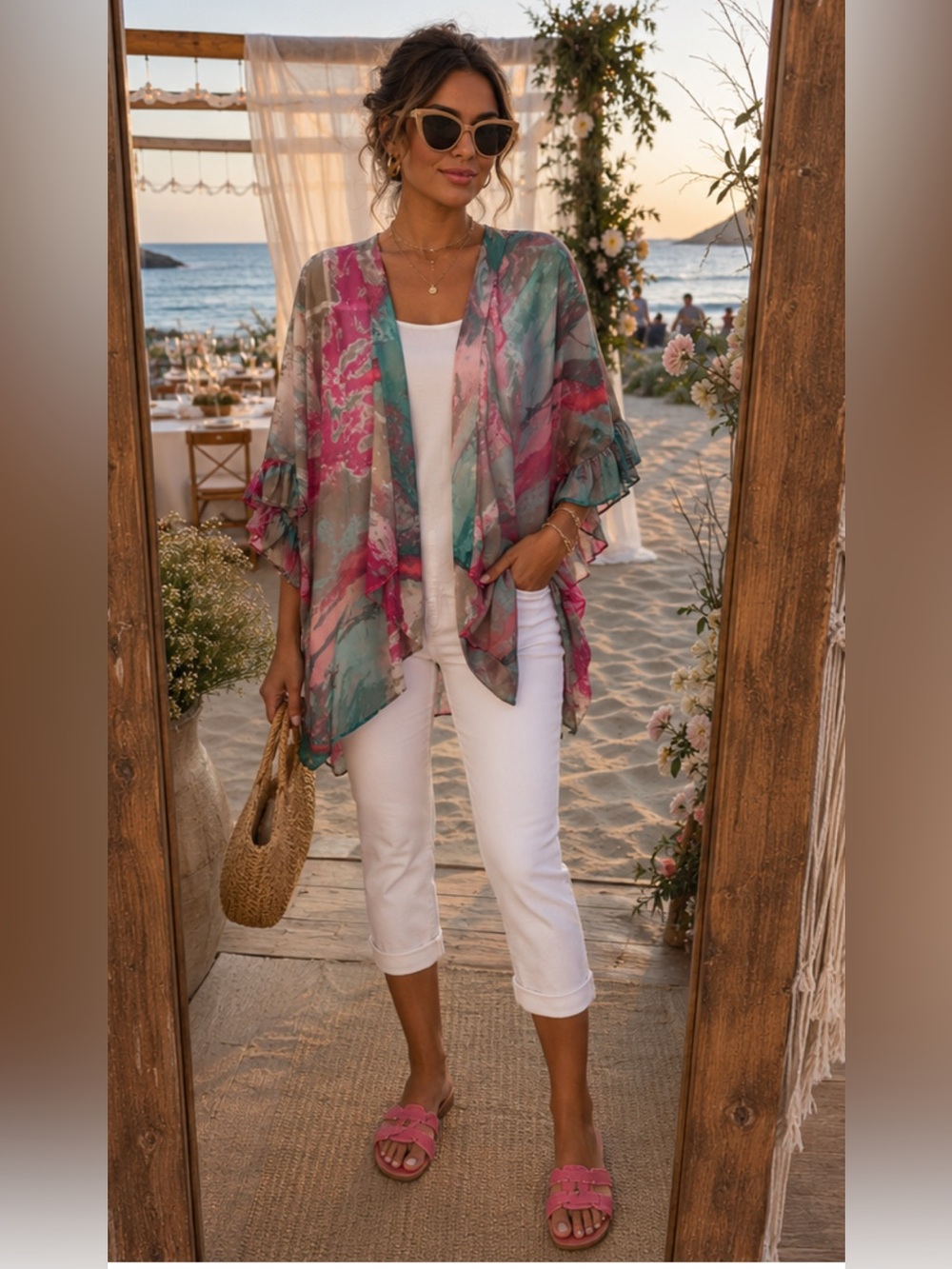 Umgee M/L Sheer Cardigan Caftan Kimono Oversized Beach Abstract Boho Vacay